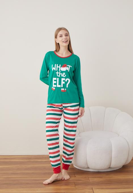Pijama Dama Craciun "WHAT THE ELF ? " ,maneca lunga ,pantaloni lungi,Engros